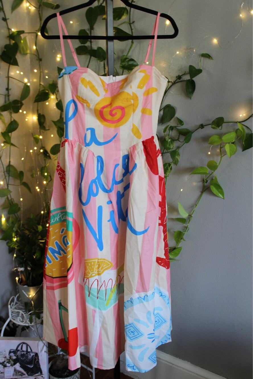 La Dolce Vita” Print Midi Dress – Size S – Vacation Sundress